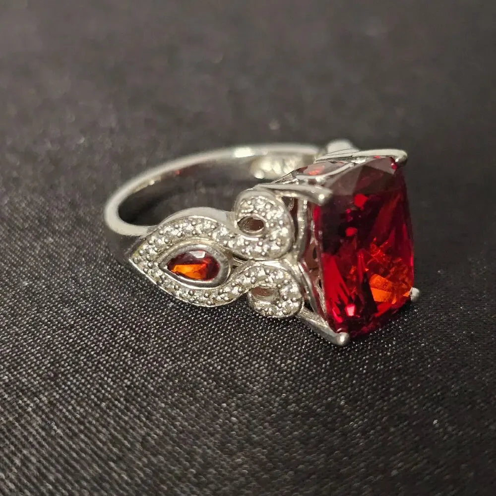 Emerald Cut Sim Garnett Cocktail Ring Rhodium over Sterling Silver Size 9